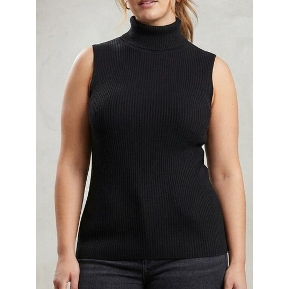 Black Ribbed Sleeveless Turtleneck Tunic Top Elegant Large Christian Siriano